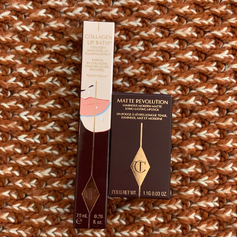 CHARLOTTE TILBURY 2 Set Pillow Talk Med Lipstick Collagen Lip Bath Peachy Plump